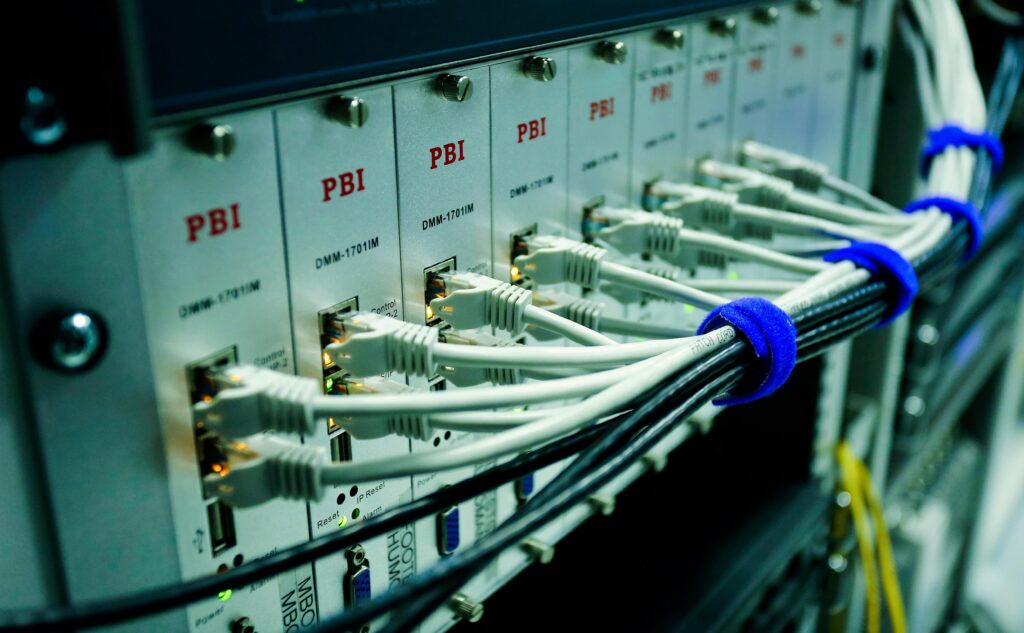 close up of ethernet cables on telecommunications network switch